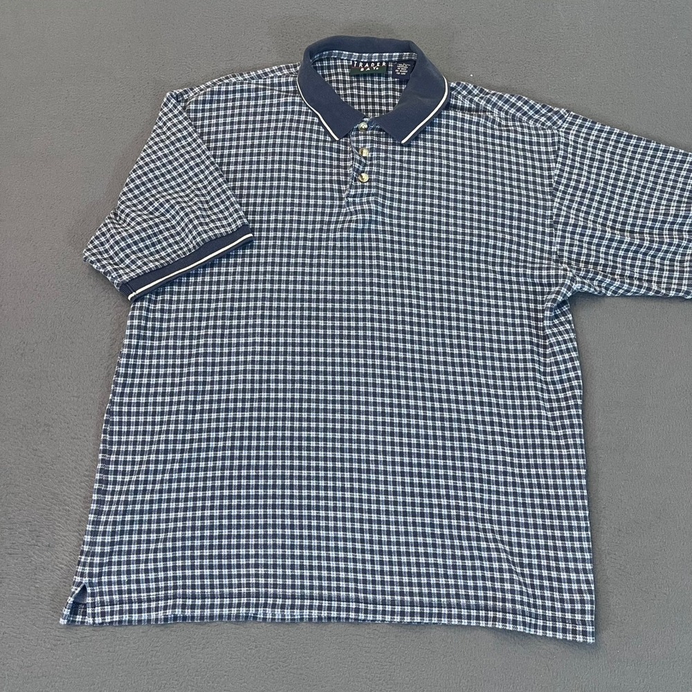 Trader Bay Mens Large Blue Micro Check Cotton Short Sleeve Polo Shirt Vintage